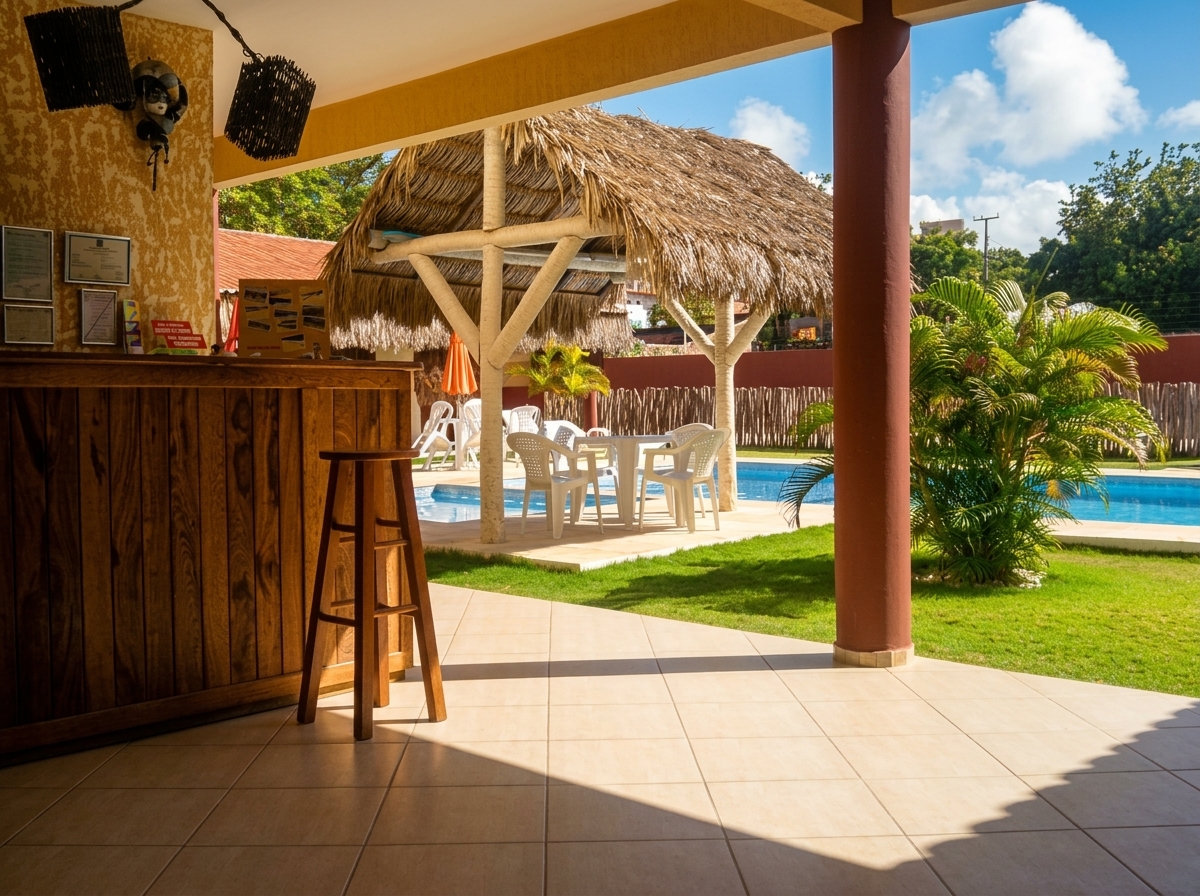 Bar da piscina com quiosque e deck rústico da Pousada Brasita
