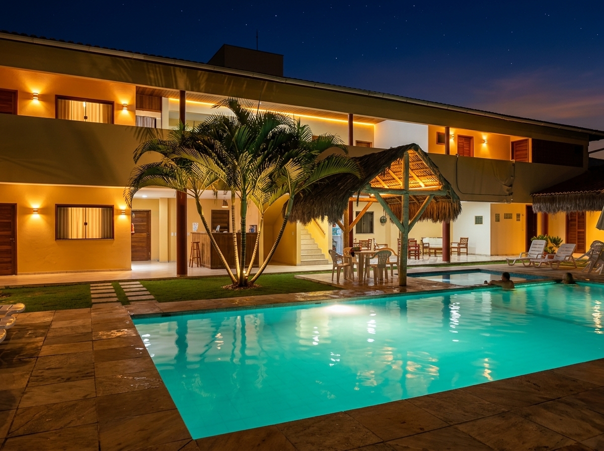 Piscina iluminada à noite na Pousada Brasita