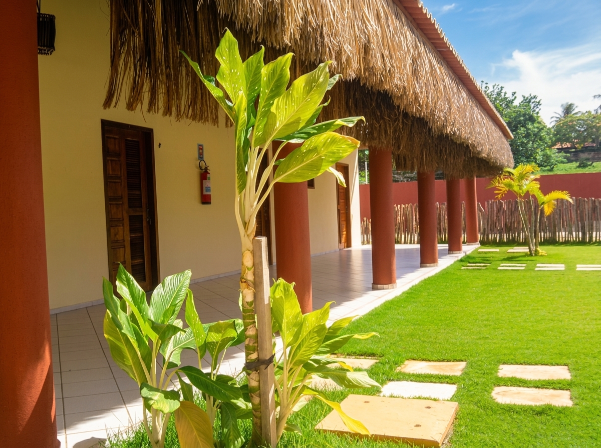 Varandas térreas com beiral de palha e jardins floridos da Pousada Brasita